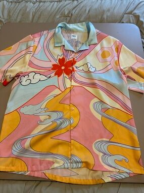 Zara Men Pastel Pink Yellow Blue Abstract Floral Button-Up Shirt
